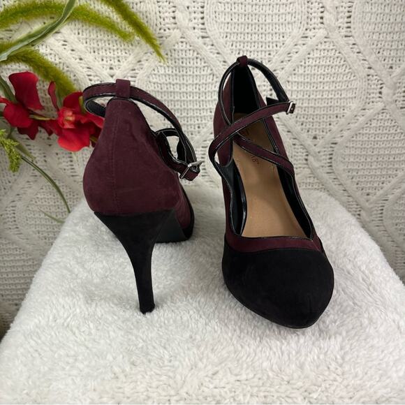 JUSTFAB Plum Black Color Block PHILPA Criss Cross Strap Stiletto Heel Pumps 10M - Picture 2 of 14